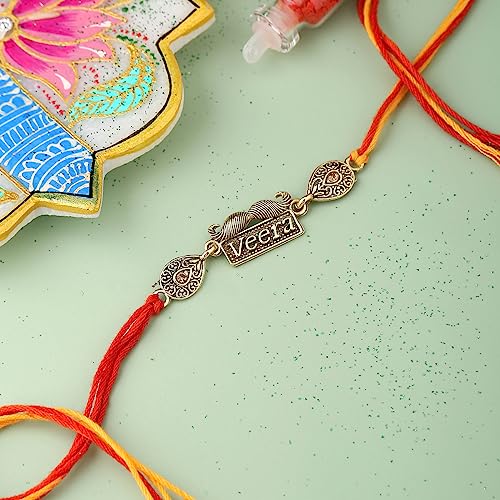 Antique Veera Rakhi With Roli Chawal Pack